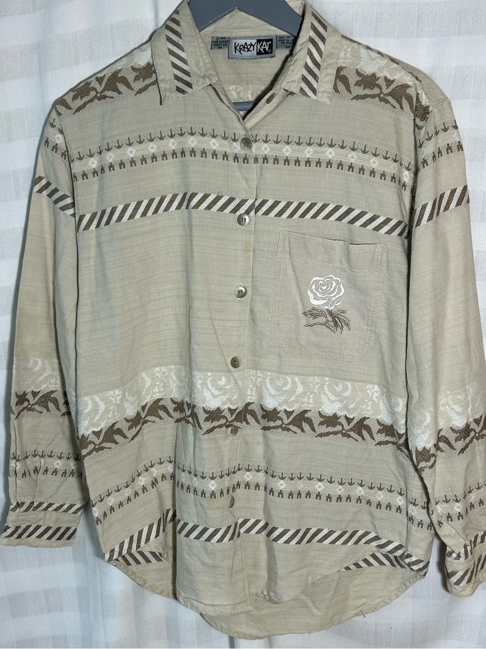 Vintage Krazy Kat Womens Button Up Shirt Cream Southwestern Embroidered Rose L